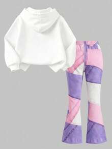 Galaxy Graffiti 4-7 Years Old Girls 2 Pieces Set, Hooded Sweatshirt With Big Bow Print And Color Block Print Flare Pants, Spring/Autumn Daily Wear/School/Outdoor Play - Multicolor - View 2