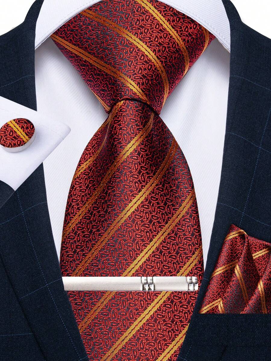 Red & Black Base Gold Diagonal Stripe Men's Tie Set, 4pcs Including Pocket Square, Cufflinks, Silver Tie Clip, Wedding Accessories - Red - View 1
