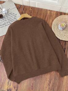 Women's Casual Round Neck Faux Wool Sweater (Autumn/Winter) - Leopard Print Christmas Tree & Letter Pattern Design - Dark Ochre - View 2