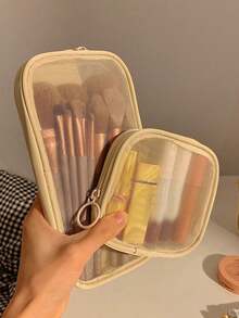 1件女性用網格透明化妝包，便攜旅行收納袋，適用口紅、化妝刷、化妝品、粉撲、美容工具、棉棒、髮飾、數據線、硬幣收納，迷你小尺寸，女性禮物，可補充收納袋 - 彩色 - 查看 2