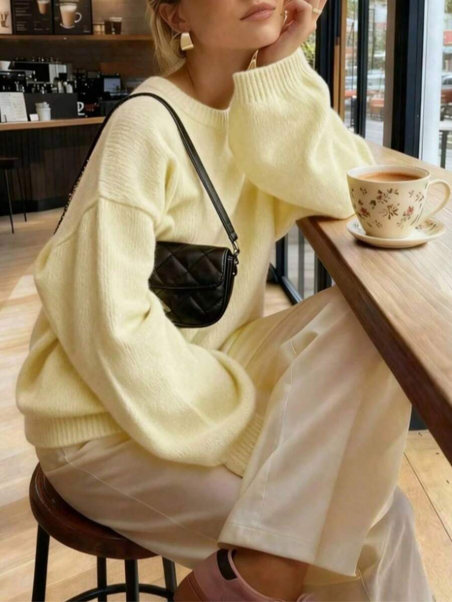 Plus Size Women Solid Color Round Neck Drop Shoulder Knit Sweater Autumn Winter Slouchy Loose Plus Size Long Sleeve Soft Pullover - Yellow - View 1