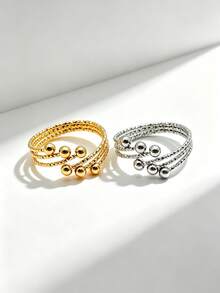 Stainless Steel Triple Layer Textured Wave Bead Adjustable Open Ring, Unisex Jewelry, Fashion Couple Rings, Suitable For Daily, Party And Holiday Wear - Adjustable Open Ring - View 3