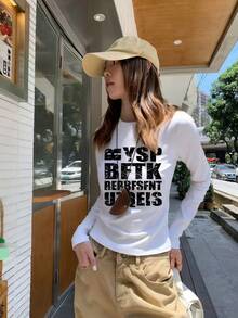 街頭風美式字母印花修身 Y2K 女款秋季內搭長袖上衣 - 白色 - 查看 4