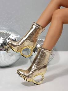 Solid Color Western Style Back Zipper Smooth Finish 2026 High Heel Shoes Holiday Winter - Gold - View 3