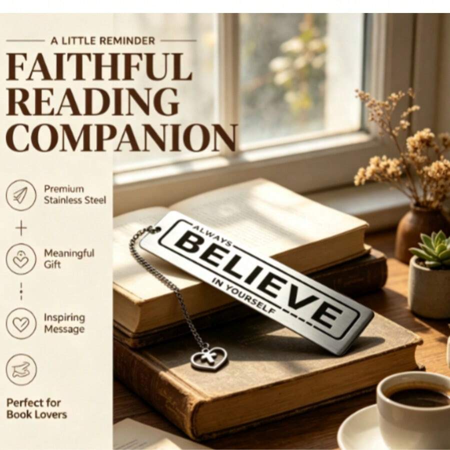 1pc Inspirational English Engraved Stainless Steel Bookmark Always Believe In Yourself Heart Cross Pendant Metal Reading Marker - D - View 1