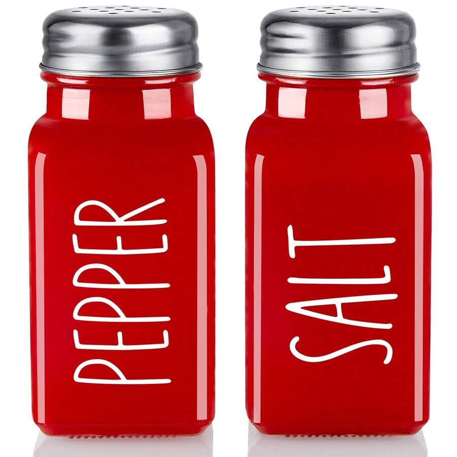 Set de Frascos para Condimentos de Vidrio, Diseño Cuadrado Blanco y Negro, Salero y Especiero para Sal, Pimienta y Sazonadores, Ideal para Cocina, Barbacoa y Parrilladas - Rojo [EPE + embalaje en caja de cartón] - Ver 1