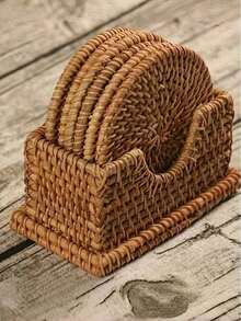 1/3/7pcs Handwoven Rattan Coasters, Brown Round Heat-Resistant Beverage Coasters, Suitable For Coffee Cups, Tea Cups, Dining Tables And Coffee Tables, Christmas, Halloween, Room Decor, Home Decor - Brown - View 1