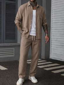 Men's Coffee Color Patch Pocket Vacation Style Long Sleeve Shirt And Shorts Casual Set - Coffee Brown - View 1