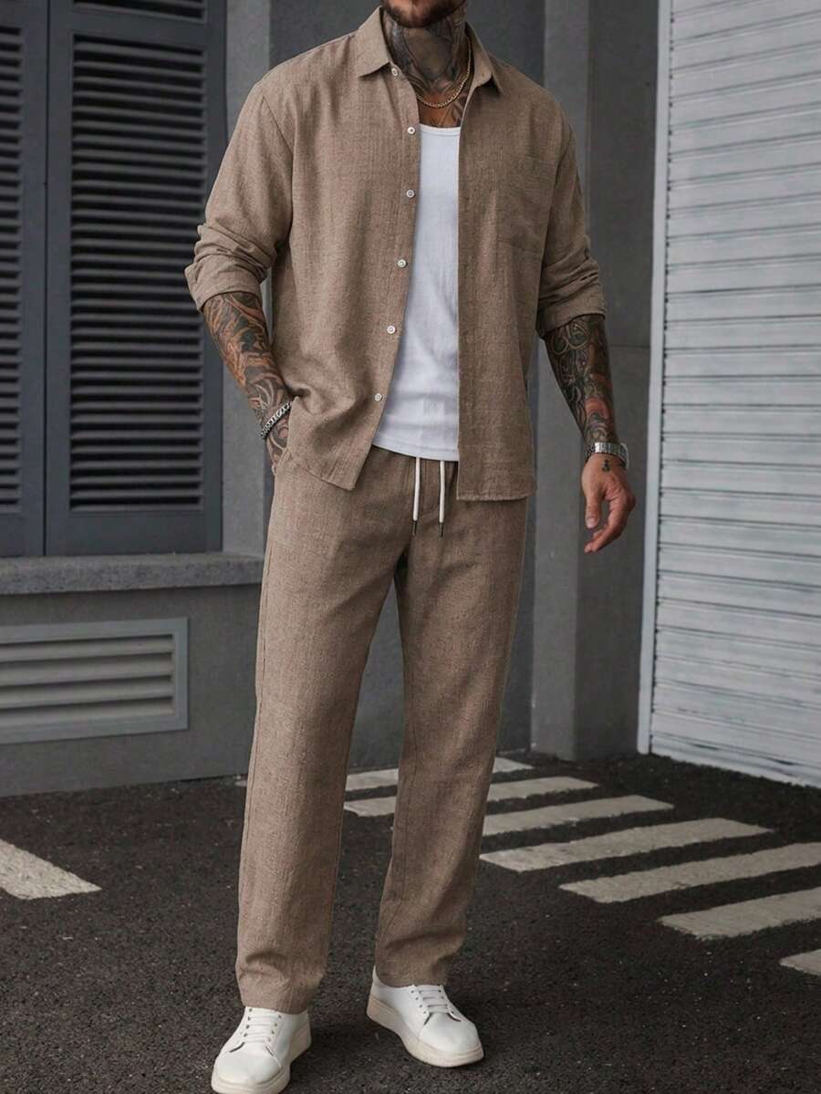 Men's Coffee Color Patch Pocket Vacation Style Long Sleeve Shirt And Shorts Casual Set - Coffee Brown - View 1