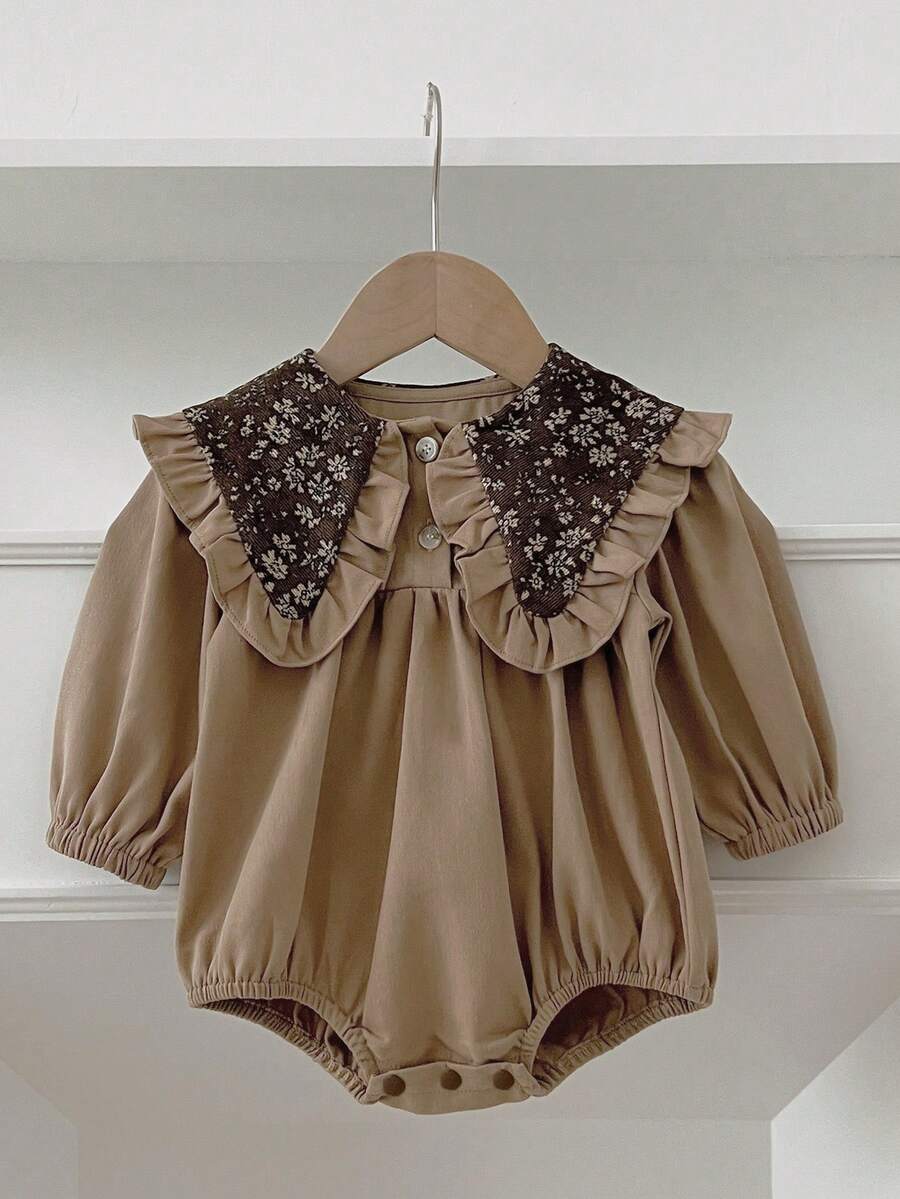 Baby Girls Retro Floral High Collar Long Sleeve Bodysuit, Baby Girl Princess Ruffle Snap Crotch Bodysuit, Spring/Autumn