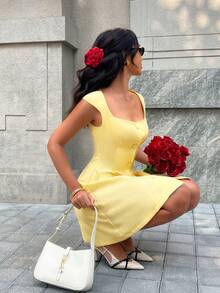 Women's Elegant Solid Color Square Neck A-Line Mini Dress, Button Detail Design, Sleeveless Casual Chic, Suitable For Summer Outings - Pale Yellow - View 1