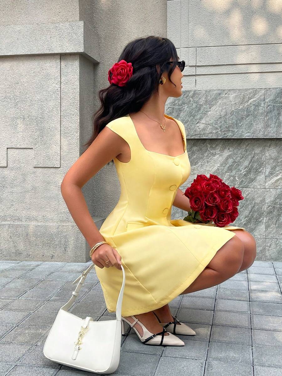 Women's Elegant Solid Color Square Neck A-Line Mini Dress, Button Detail Design, Sleeveless Casual Chic, Suitable For Summer Outings - Pale Yellow - View 1
