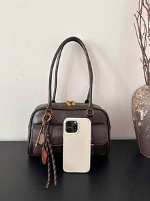 Autumn/Winter New Vintage Solid Color Multi-Pocket Large Capacity Women's Shoulder Bag Underarm Bag With Tassel Charm - Coffee - View 3