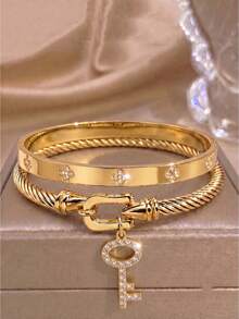 2pcsGold‑Tone Bangle Set, Clover Accents & Paved Zirconia Cross Charm For Understated Elegance - Gold - View 2
