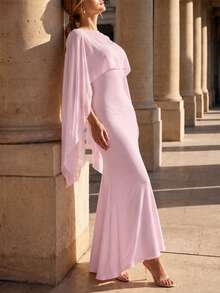 Perirose Women's Solid Color Round Neck Cape Sleeve Fitted Mermaid Hem Elegant Extra Long Dress - Pink - View 8