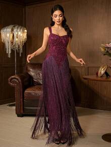 Elegant Women's Burgundy Sleeveless Tassel Decor Dress, Perfect For Balls And Formal Events, Soft And Suitable For Banquets And Galas - Dark Purple - View 3