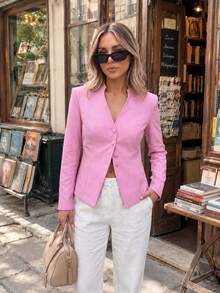 Women's Pink Striped V-Neck Single-Breasted Slim Fit Commuter Blazer - Pink - View 1