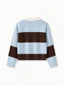 Spring/Autumn Multi-Color Contrast Lapel Long Sleeve Half-Button Cardigan Sweater - Brown and Blue - View 7