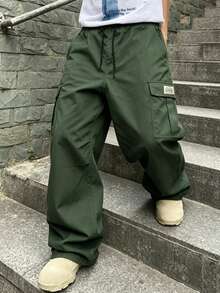Men's Loose Straight Leg Cargo Pants, Classic Street Style Essential, Side Large Pockets And Mini Label Decoration, Suitable For Vacation And Daily Street Wear - Army Green - View 1