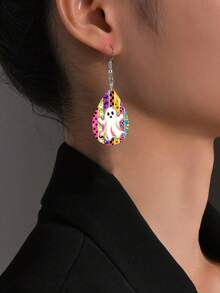 1 Pair Halloween Colorful Ghost Teardrop PU Leather Dangle Earrings, Spider Bat Print Drop Earrings For Women Holiday Party Jewelry Gift - Multicolor - View 3