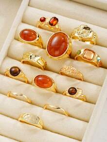 13/5pcs Fashionable Luxury Vintage Exaggerated Gemstone Open Ring Set, Designer Ins Style Metallic Glossy Wrinkled Finger Rings, Suitable For Party, Vacation, Gift For Friends And Family, Daily Wear - Yellow Gold - View 3