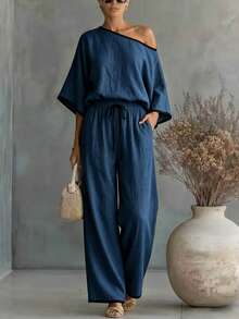 Elegant Commuter Colorblock Patchwork Design, Asymmetrical Shoulder Loose Top, Paired With Straight Leg Pants, Slanted Pockets, Woven Solid Color, Women's 2 Pieces Set - Navy Blue - View 8