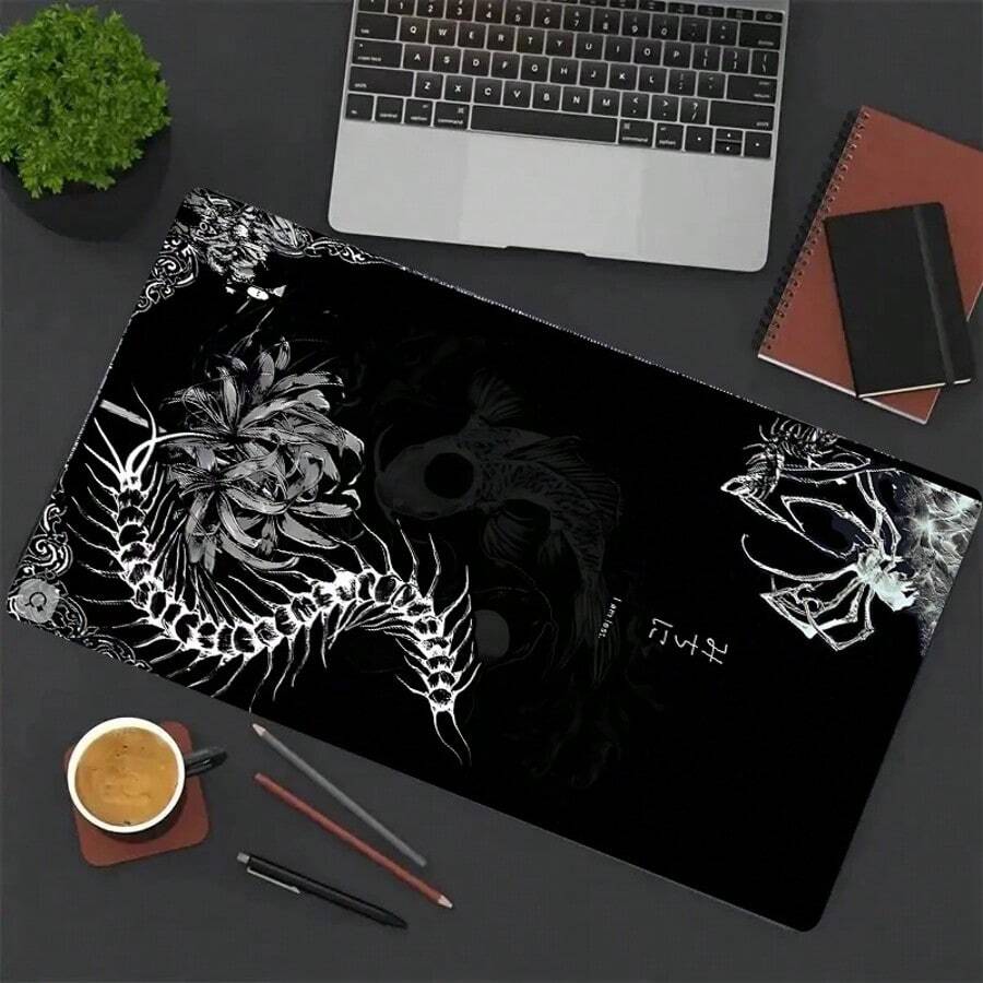 Black Artistic Skeleton Fish & Floral Design Mouse Pad, Rubber Non-Slip ...