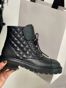 Women's Diamond-Quilted Ankle Boots, Black And White Patchwork, Lace-Up Design With Metal Eyelets, Thick Platform Sole, Fashionable Short Boots For - Black - View 5