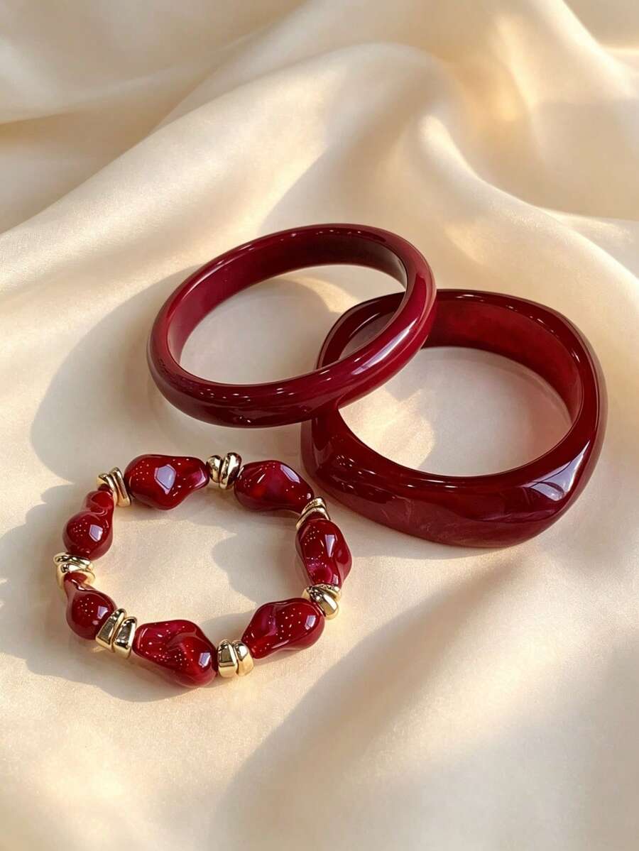3pcs/Set Fashionable Vintage Thick Multicolor Asymmetrical Acrylic Bangle Bracelet Set, Suitable For Women, Daily Wear, Gift For Friends And Family - Multicolor - View 1