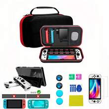 ihkdw 1 Set Compatible With Switch / OLED Charging Storage Bag Kit, 4 Remote Control Caps, 2 Tempered Glass Screen Protectors, Suitable For Console, Game Cartridge Charger, Earphone, Controller, Wrist Strap Storage, Game Cartridge Organizer, Multi-Function Pressure-Resistant Protective Case - View 1