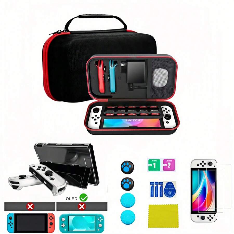 ihkdw 1 Set Compatible With Switch / OLED Charging Storage Bag Kit, 4 Remote Control Caps, 2 Tempered Glass Screen Protectors, Suitable For Console, Game Cartridge Charger, Earphone, Controller, Wrist Strap Storage, Game Cartridge Organizer, Multi-Function Pressure-Resistant Protective Case - View 1
