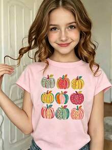Girls Pink Pastel Colorful Grid Pumpkins Printed Short Sleeve Crew Neck Tee - Pink - View 3