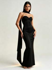 Women's Sexy Elegant Black Knit Bandeau Twisted Design Mid-Length Bodycon Dress, Suitable For Vacation, Party, Holiday, Gathering, Date, Evening, Cocktail, Graduation, Back To School, Valentine's Day, Christmas, Wedding Season And Other Formal Special Occasions - Black - View 3