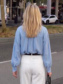 Women Fall Satin‑Like Blouse, Half‑Button V‑Neck Puff Long Sleeve Cuffed Casual Office Shirt - Baby Blue - View 2