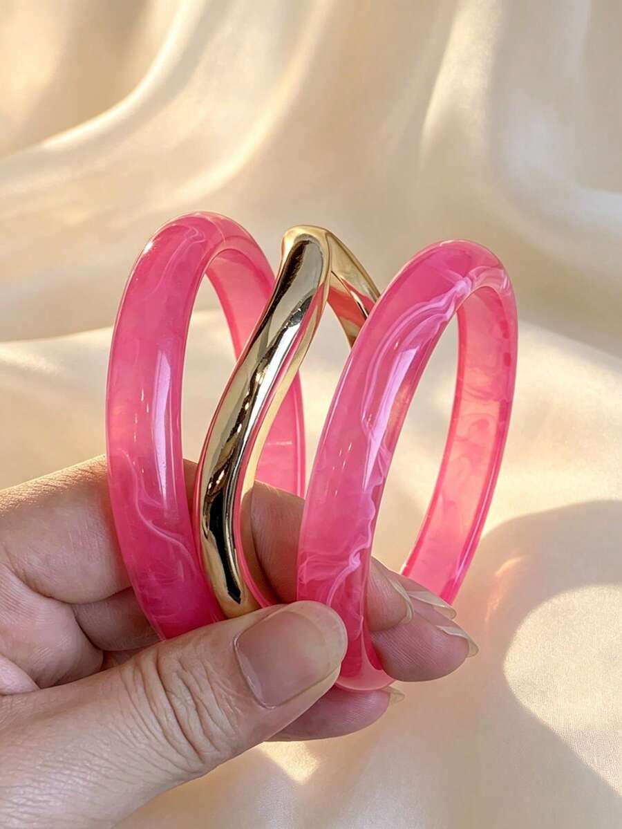 3件組時尚復古粗款多色不對稱壓克力手環套組,適合女性日常配戴,送給朋友與家人的禮物 - 彩色 - 查看 1