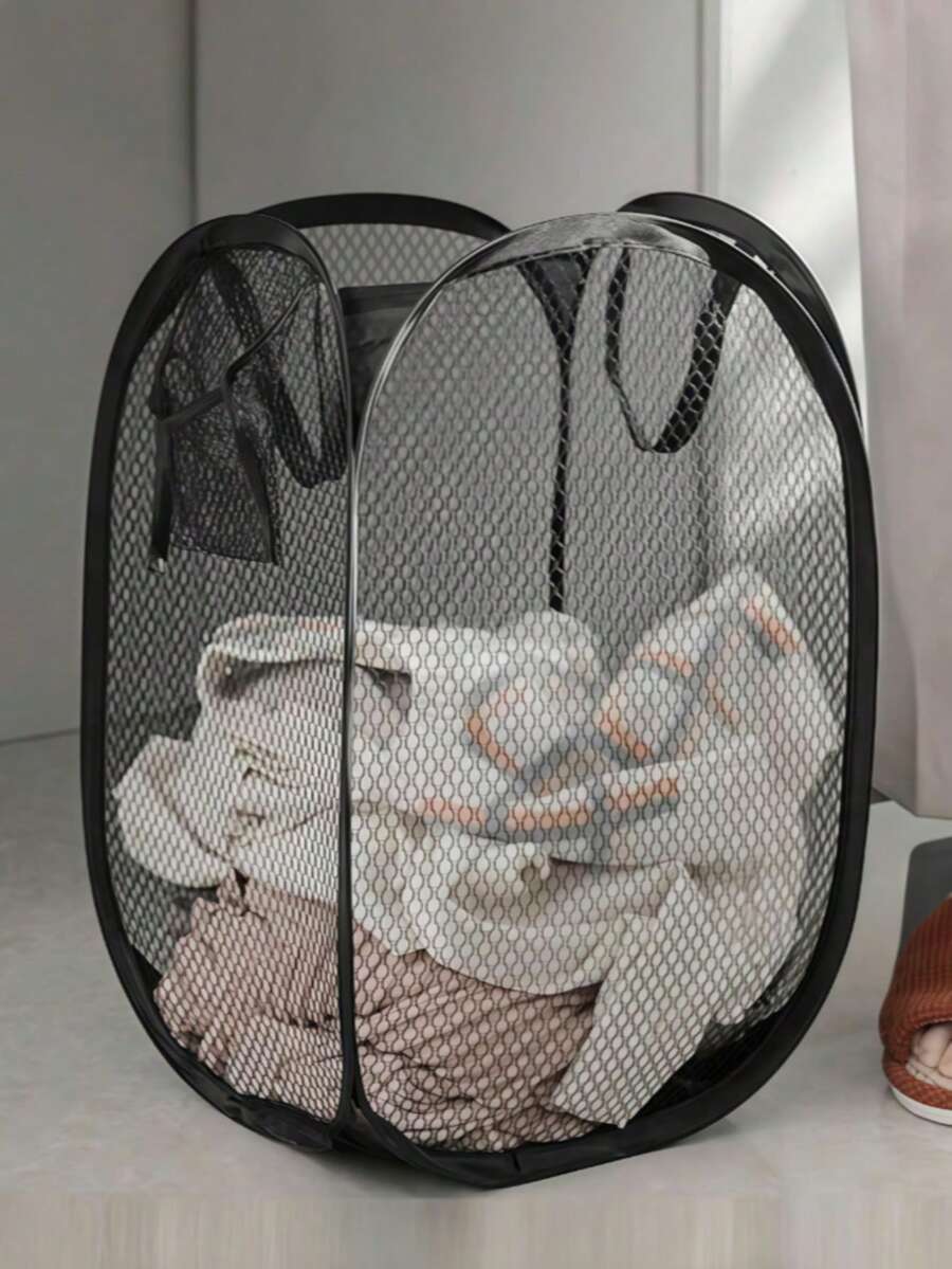 1pc Foldable Portable Mesh Laundry Basket, Home Dirty Clothes Storage Bin/Organizer, Toy And Miscellaneous Items Storage Rack, Bathroom Hanging Storage Basket - Multicolor - View 1