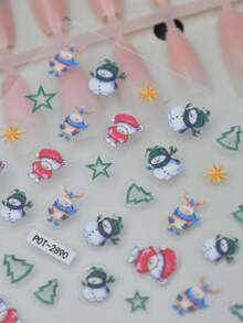 1pc Cute Cartoon Snowman & Bear Nail Stickers, Hollow Christmas Tree, Star & Reindeer Nail Decals, Christmas Theme, Shiny Surface, Asymmetrical Shape, Soft & Cute Style, Suitable For Holiday Party & Daily Manicure - Multicolor - View 3