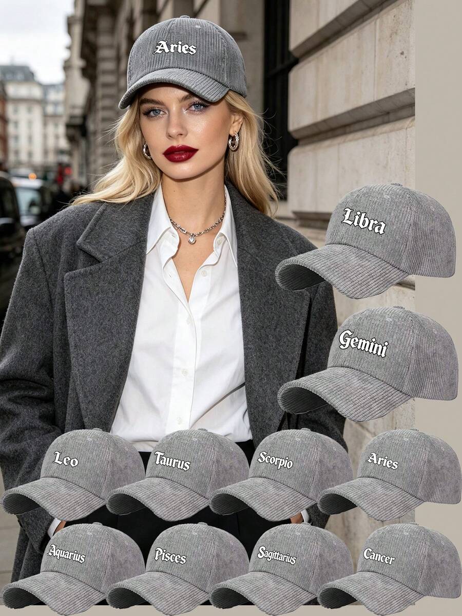 12 Zodiac Signs Corduroy Baseball Cap, Adjustable Unisex Casual Hat, Perfect For Festival, Party, Daily Wear, Unisex Fashion Accessory Gift - Light Grey - View 1