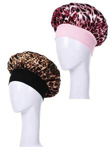 Women's Thick Satin Hair Cap, Pink Leopard Print Sleep Cap, Loose Elastic Band Large Size Night Hair Cover, Ideal Hair Care Holiday Gift - Pink - View 9
