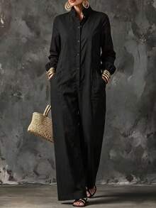 Women's Stand Collar Long Sleeve Jumpsuit, Casual Minimalist Style, Loose Wide Leg Fit, Suitable For Daily Wear And Vacation Travel. Front Button Closure, Side Pocket Design. - Black - View 3