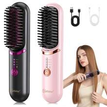 Hatteker 1pc USB Rechargeable Straightening Brush, 3 Temperature Settings, Travel Portable Volumizing Hair Root Hot Air Brush, Wireless Straight & Curl Dual Use Negative Ion Comb - Multicolor - View 3