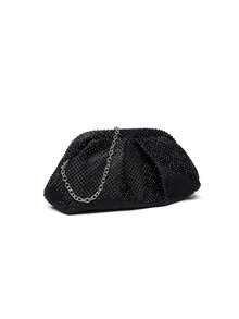 Tas Clutch Malam Wanita Bertabur Berlian Imitasi, Pola Berlian Imitasi Berkilau, Lapisan Kain, Rantai Lipat Berkerut yang Dapat Dilepas, Gaya Glamor Mewah, Pesta Pernikahan - Hitam - View 3