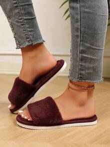 Women's Burgundy Plush Open Toe Slip-On Slippers, Soft Plush Flat Indoor/Outdoor House Shoes, Suitable For All Seasons Spring/Autumn - Burgundy - View 5