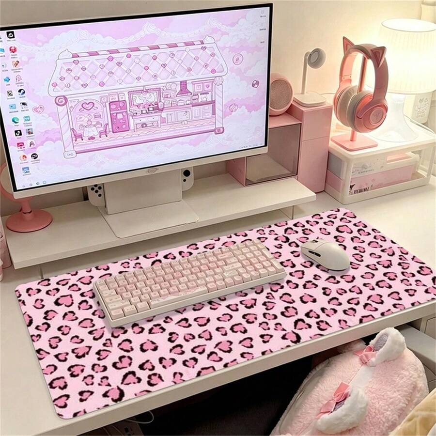 Heart-Shaped Pink Leopard Pattern PU Leather Large Desk Mat, Smooth Waterproof Anti-Slip Mouse Pad, Stain-Proof Desktop Protector, Extra Big Keyboard Table Mat For Office, School, Home PC Desk, Gaming Study Workspace, Easy Clean Desk Cover Pad - View 1