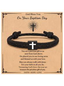 1pc Cross Bracelet For Women Men, Adjustable Braided Rope Cord Wristband, Christian Faith Religious Jewelry, Bible Verse Card, Baptism Birthday Gift - Black - View 10