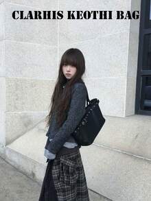 Minimalist Tote Bag With Belt Buckle, Side Adjustable Buckle Decor Design, Rounded Thickened Handle, Open Large Capacity Body, Sleek Fluid Silhouette, Suitable For Commuting And Daily Outings, Creating A Cool Relaxed Atmosphere Outfit - Black - View 5