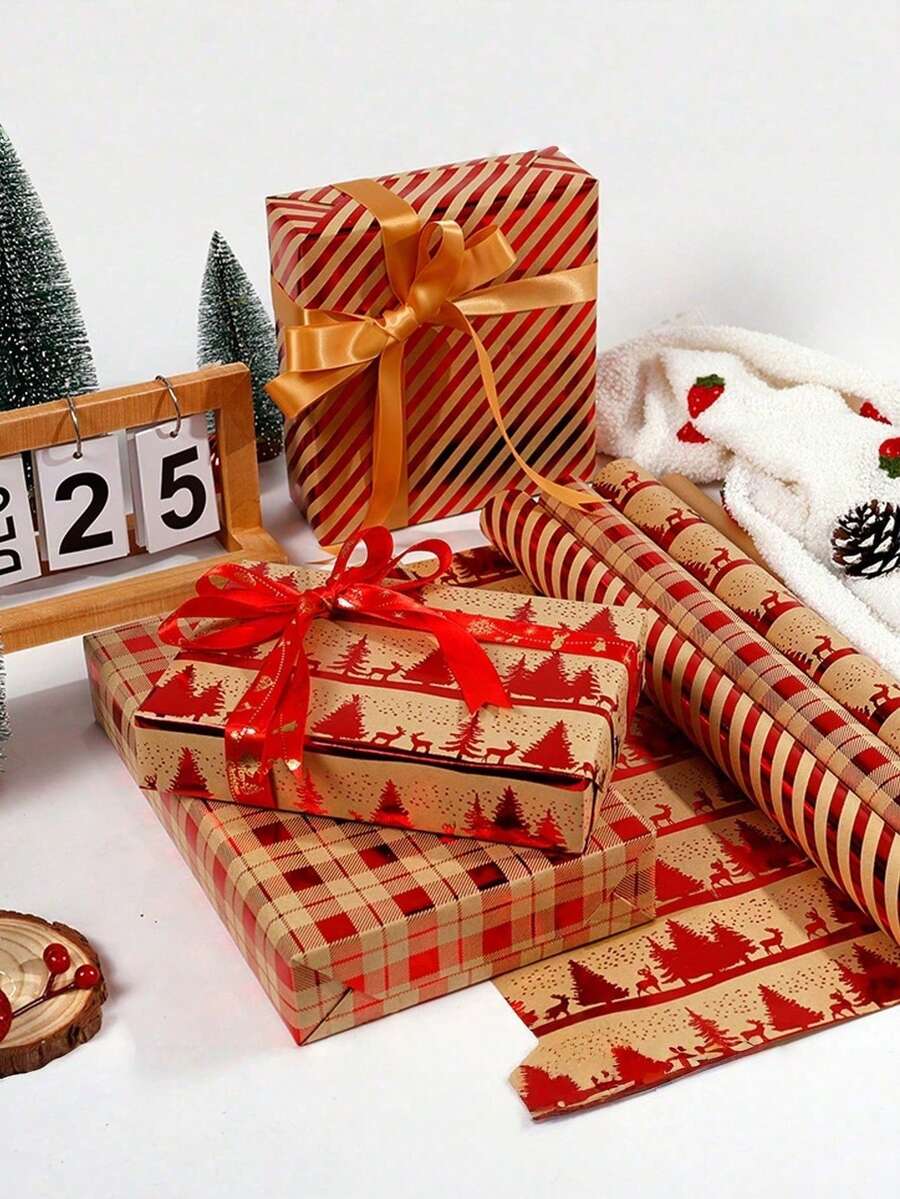 9-Piece Set (1 Wrapping Paper + 8 Stickers) Retro Christmas Wrapping ...