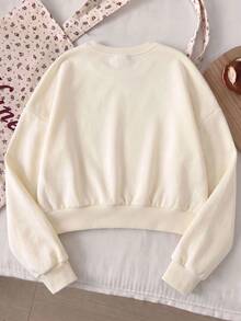 Halloween Cute Cartoon Pumpkin Print Cropped Sweatshirt, Crew Neck Long Sleeve Pullover With Ribbed Hem, Sweet Fall Outfit For Back To School & Party - Apricot - View 6