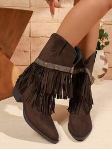 American Retro Rivet Tassel Chunky Heel Mid-Calf Boots For Women Casual Comfortable Commute Western Style - Dark Brown - View 3