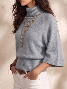 Women's Solid Color Turtleneck 3/4 Sleeve Sweater, Casual Elegant Knit Top, Comfortable For Office Home Daily Wear, Autumn Winter - Grey - View 6